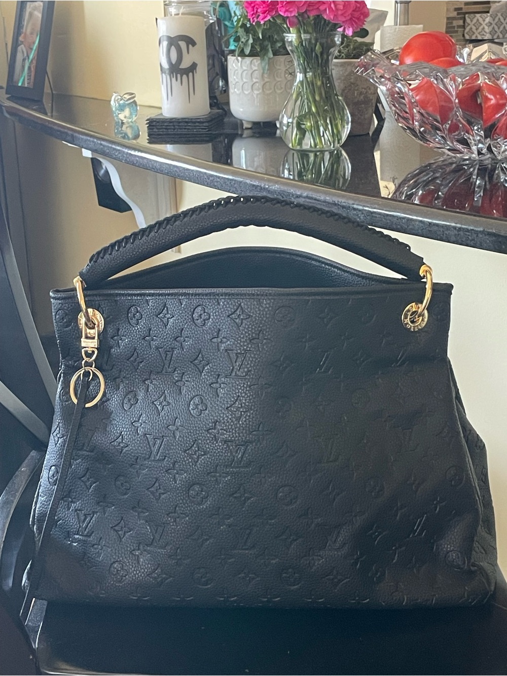 Black Embossed Monogram Braided-Handle Satchel
